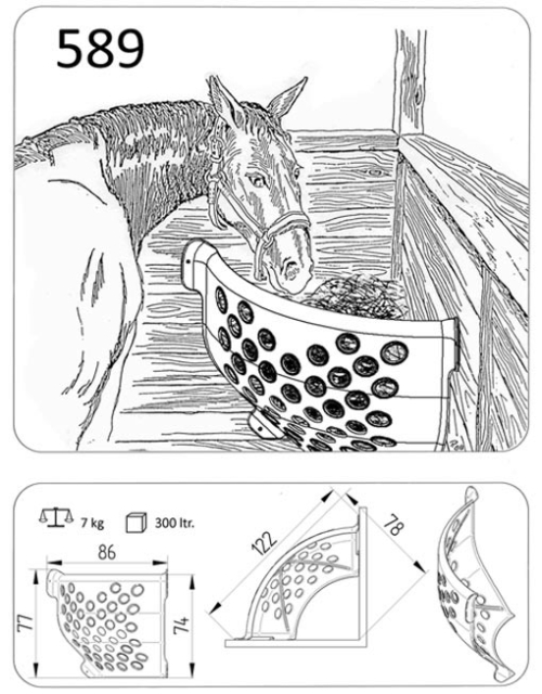 Eine Zeichnung wo ein Pferd von einen Heu Spender frisst. Ausserdem Masse